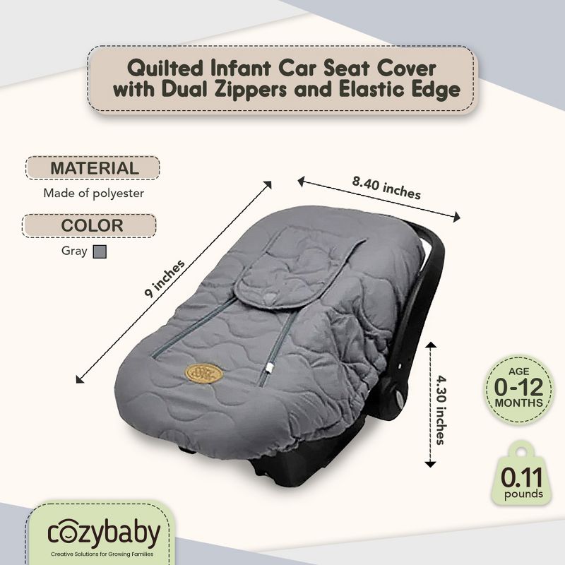 CozyBaby Cozy Cover Quilted Infant Car Seat Insulating Cover with Dual Zippers, Face Shield, and Elastic Edge for Travel During Winter Months, Gray, 3 of 7