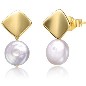 Guili Sterling Silver 14K Yellow Gold Plated Earrings with White Coin Freshwater Pearl, Double Dangle Square Design for a Modern Look - 1 of 2