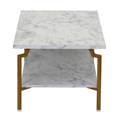 Crown Rectangular White Marble and Gold Metal Coffee Table with Storage Shelf