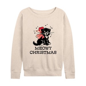 Women's - Instant Message - Kitten Meowy Christmas Lightweight French Terry Wide Neck Long Sleeve Shirt - 1 of 4