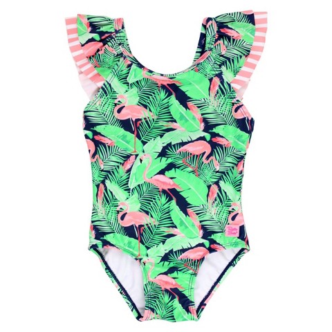 RuffleButts Toddler Girls V-Back One Piece - Flamingo Frenzy, Size: 4T