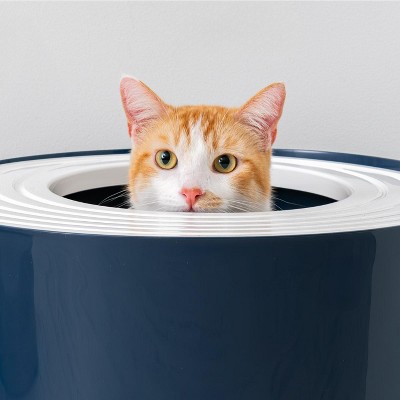 Navy and White Round Top Entry Cat Litter Box with Scoop