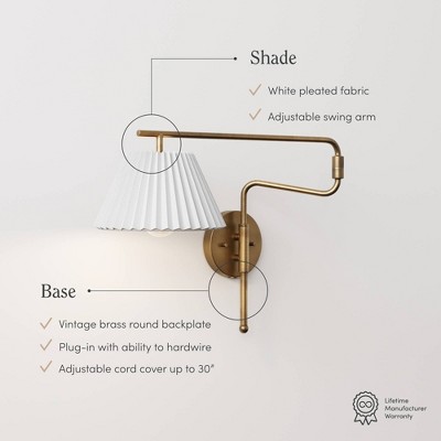 Kai Vintaged Brass Swing Arm Wall Sconce with White Linen Shade