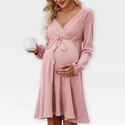 Womens Maternity Dress V Neck Long Sleeve Tie Waist Flowy Dress Midi Dress for Baby Shower Photography Fall Outfits for Maternity,Pink - S