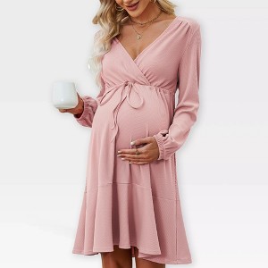 Womens Maternity Dress V Neck Long Sleeve Tie Waist Flowy Dress Midi Dress for Baby Shower Photography Fall Outfits for Maternity,Pink - 2XL - 1 of 4