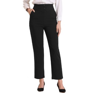 Allegra K Women's Business High Waist Elastic Waist Back Button Decor Straight Leg Pants - 1 of 4