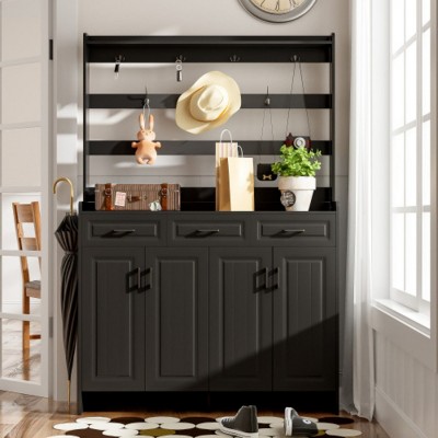 Modern Decorative Storage Cabinets,Storage Cabinet For Shoes,With Four-Door,Coat Rack,3 Drawers,8 Shelves,Metal Hooks And Handles-Cuddlewood