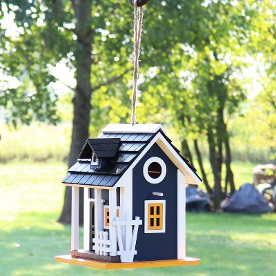 Charming Midnight Blue Pine Plywood Cottage Bird House with Solar Light
