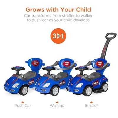 Blue 3-in-1 Kids Push and Pedal Ride-On Car Stroller