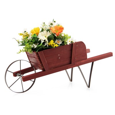 Tangkula Flower Pot Wheelbarrow Planter Solid Pine Wood Wagon Planter w/ Triangular Metal Support 2 Energy-saving Handles Movable Whee Walnut/Red
