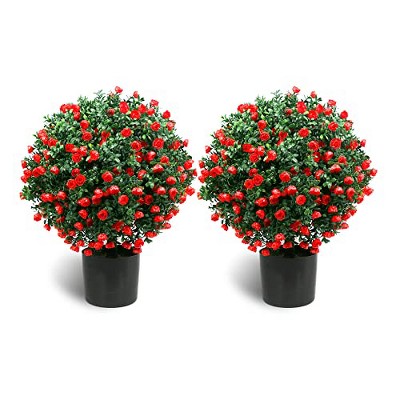 Sunnyglade 21.6” Tall Artificial Rose Topiary Ball Tree Set of 2 Pack Potted Bushes UV Resistant Potted Plants for Indoor Outdoor Home Garden(Red)