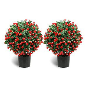 Sunnyglade 21.6” Tall Artificial Rose Topiary Ball Tree Set of 2 Pack Potted Bushes UV Resistant Potted Plants for Indoor Outdoor Home Garden(Red) - 1 of 1