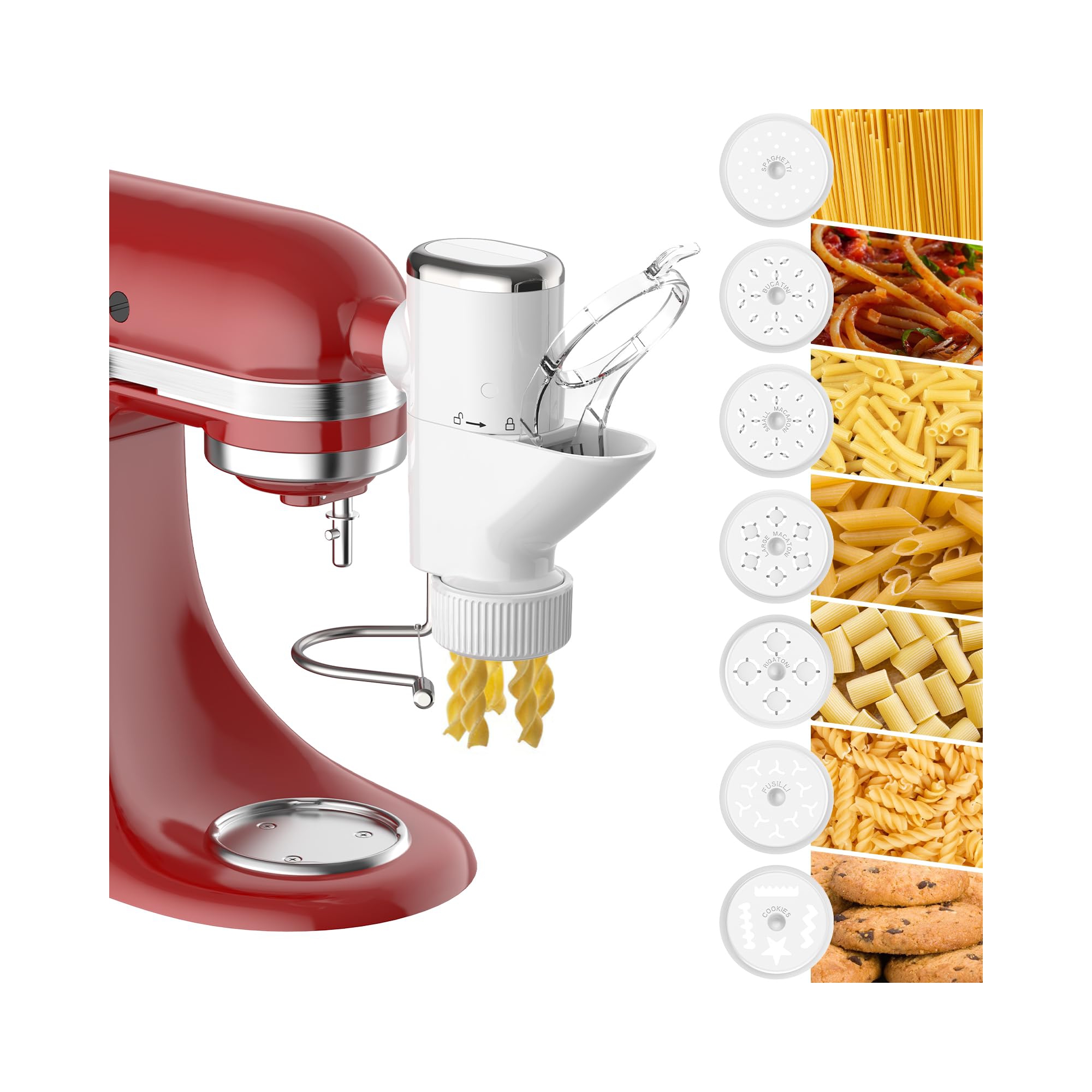 GVODE 7-in-1 Pasta Attachment for 7 Pasta Shapes, Compatible with KitchenAid® Stand Mixers, Cookie Disc & Brush