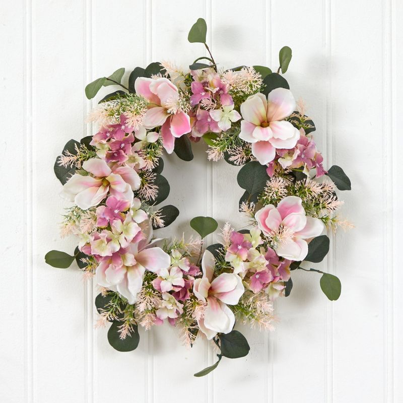 Nearly Natural 20” Hydrangea and Magnolia Artificial Wreath, 3 of 5