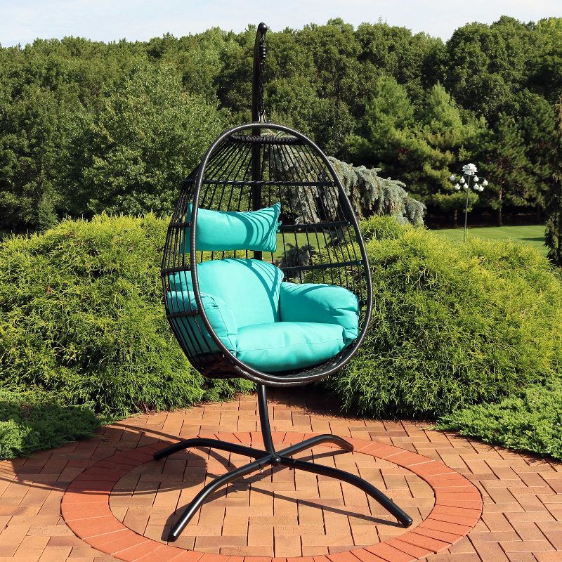 Sunnydaze Outdoor Resin Wicker Patio Dalia Hanging Basket Egg Chair with Cushions, Headrest, and Steel Stand Set - Teal - 3pc, 3 of 13