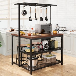 47" Kitchen Island with Power Outlet & Storage - Large Bakers Rack, Microwave Stand with 3-Tier Shelves & 5 Hooks (Brown) - 1 of 4