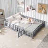 Lyngins Full Size Kids' Platform Bed Frame with Fence & Open/Close Small Door, Montessori Floor Bed Frame with Support Slats, Wooden Toddler Bed - 2 of 4