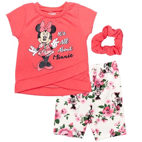Disney Minnie Mouse 3 Piece Outfit Set: T-shirt Shorts Scrunchy Coral ...