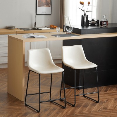 Armless Industrial Counter Stool Set of 2 with Metal Legs and Footrest,Upholstered Bar Stool with Bucket Seats-Cuddlewood