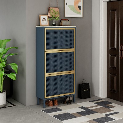 Halitaa 3 Metal Door Shoe Rack, Freestanding Modern Shoe Storage Cabinet, Metal rattan, for Entryway
