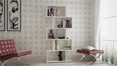 White Geometric Wood Bookcase with Cubes