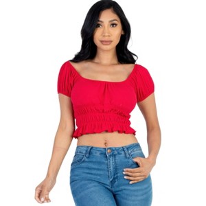 Slickblue Women's Ribbed Knit Puff Sleeve Top, Ruched Shoulder Detail, Short Sleeve Tee, Multiple Colors, Size S-L - 1 of 4