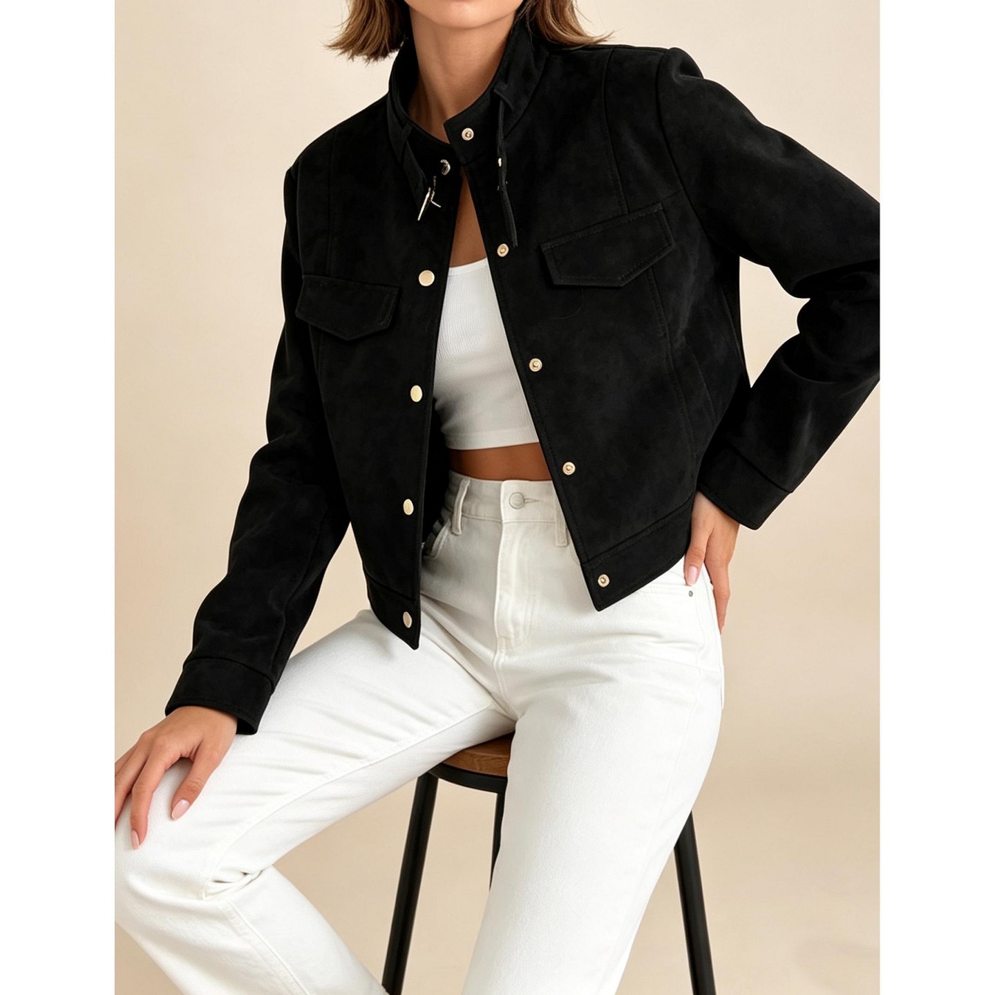 Женская куртка YesFashion Women Faux Suede Cropped Jacket Stand Collar Button Down Long Sleeve Casual Short Outerwear, Brown, цвет: Коричневый — фото 6