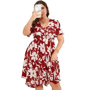 Women's V - Neck Floral Dress with Asymmetric Hem, Short - Sleeve Flowy Midi Dress for Casual & Summer Outings - 1 of 4