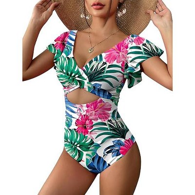 AI'MAGE Women's Ruffle One Piece Swimsuit V Neck Tummy Control Bathing Suits Cutout Backless Swimwear