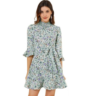 Allegra K Women's Regular Fit Floral 3/4 Bell Sleeve Smocked Belted ...