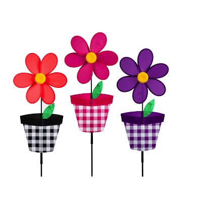 Evergreen Plaid Flower Pot Pinwheel Spinner, 3 Assorted