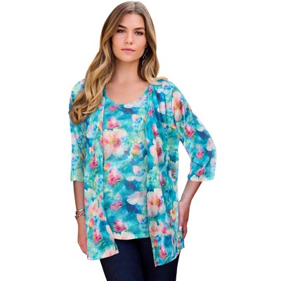 Roaman's Women's Plus Size Printed 2 Piece Tank And Cardigan Set