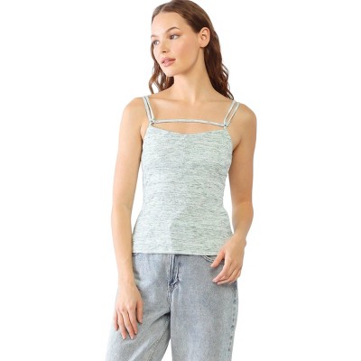 Slickblue Women’s Cream Green Printed Ribbed Sleeveless Top, Adjustable Straps, Casual Style, S-L