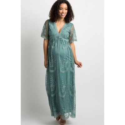 PinkBlush Sage Lace Mesh Overlay Maternity Maxi Dress