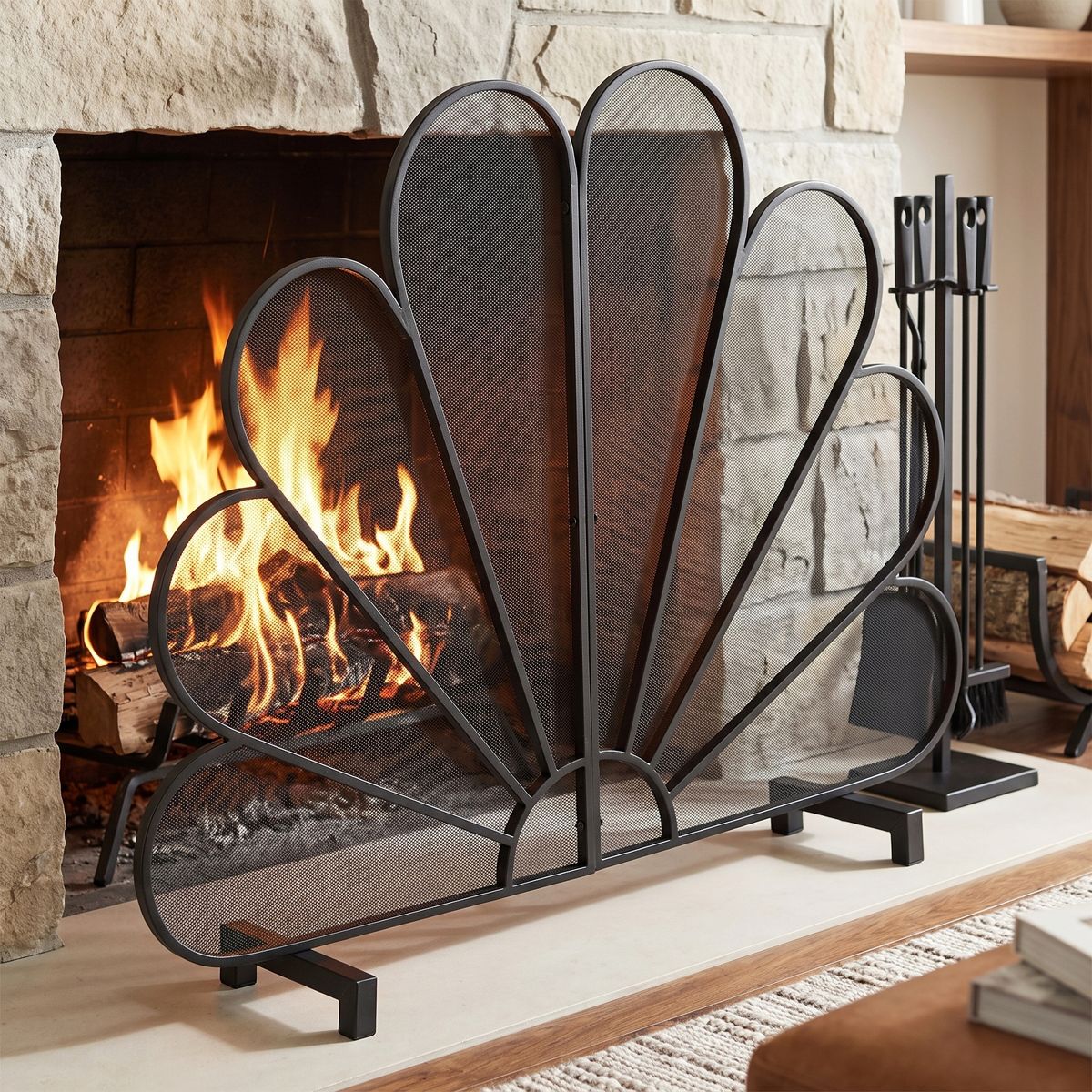 Christopher Knight Home Isen Modern Iron Freestanding Fireplace Screen with Fan‑Shaped Peacock Design