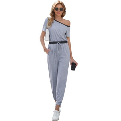 Womens Jumpsuit Casual One Piece Short Sleeve Off Shoulder Elastic Waist Romper with Pockets