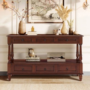 Bella Depot Retro 54'' Solid Wood Console Table with 6 Drawers and Shelf, 2-Tier Wood Couch Foyer Table for Living Room, Hallway - 1 of 4
