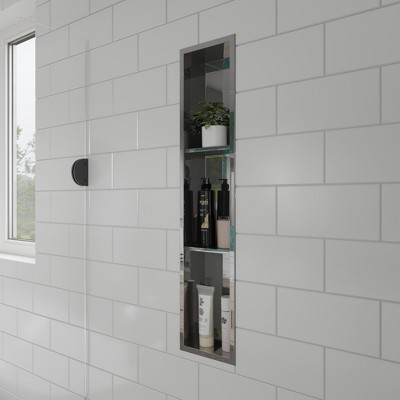 ALFI 8 x 36 Polished Stainless Steel Vertical Triple Shelf Bath Shower Niche