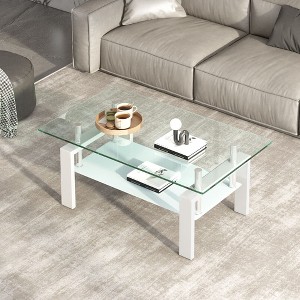 Sapphtopaz Modern Coffee Table with Glass Top 2-Layer Rectangular Glass Center Table Dining Table for Living Room, Living Room Furniture - 1 of 4