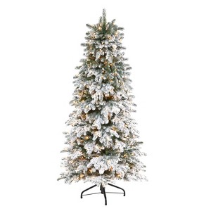 Flocked Fir Artificial Christmas Tree with Warm White Lights & Bendable Branches – Snowy Winter Holiday X-Mas Tree - 1 of 4