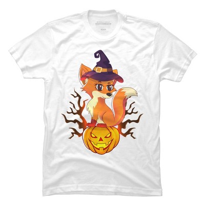 Men's Design By Humans Cute Witch Fox With Jack O Lantern Halloween Shirt By thebeardstudio T-Shirt