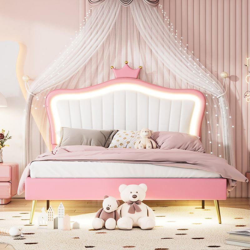 Queen/Full Size Upholstered Platform Bed Frame with LED Lights, Princess Bed with Crown Headboard-ModernLuxe, 1 of 13