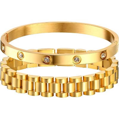 2pcs Gold Chain Link Bracelet, Stainless Steel Crystal Friendship Bracelets Bangle,Watch Band Chains Wristband
