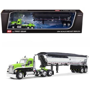 Kenworth W990 Day Cab and MAC Half-Round Tandem-Axle Dump Trailer Lime Green and Black 1/64 Diecast Model by DCP/First Gear - 1 of 3