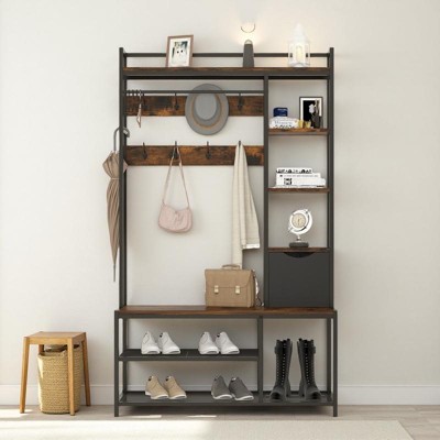 5-in-1 Coat Rack with Bench and Shoe Storage, Freestanding Entryway Bench with 5-Tier Open Shelves, Fabric Storage Basket and 12 Hooks