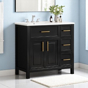 Mshliw 36" Bathroom Vanity with Ceramic Sink, Two Doors, Three Drawers, Solid Wood & MDF Cabinet for Modern Bathrooms(Black) - 1 of 4