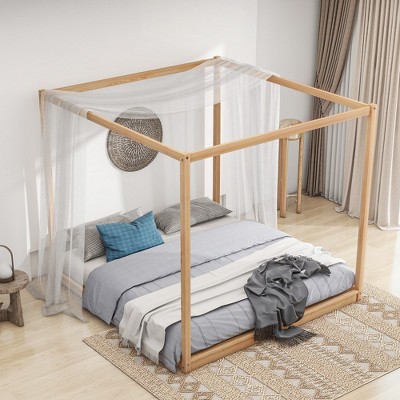 King Size Bed Frame, Modern Wooden Canopy Bed Frame with Low Base Support Legs, King Size Canopy Bed for Kids Teens, No Box Spring Needed Natural