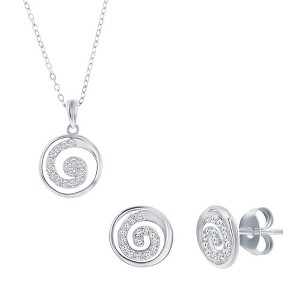 Bella Silver Sterling Silver, Pave CZ Swirl Design Necklace & Earrings Set - Silver - 16+2 Inch - 1 of 4