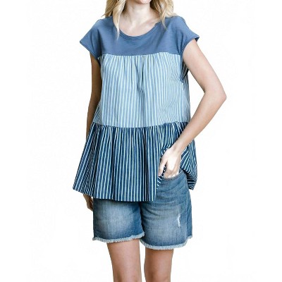 Women's Striped & Tiered Denim Top - Cotton Bleu