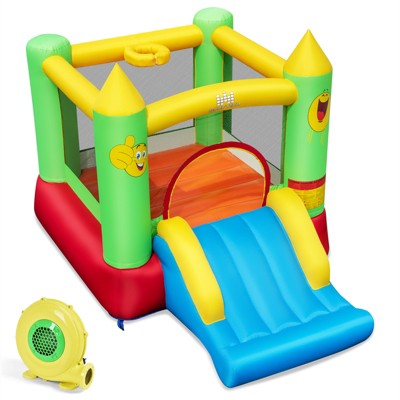 Tangkula Kids Inflatable Bounce House Smiley Face Bouncy Castle with Slide Jumping Area & Basketball Hoop Blow-up Bouncer with 480W Blower